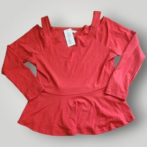 NWT Meaneor Women's PLUS 2XL RED Cold Shoulder Long Sleeve Peplum Hem Blouse Top